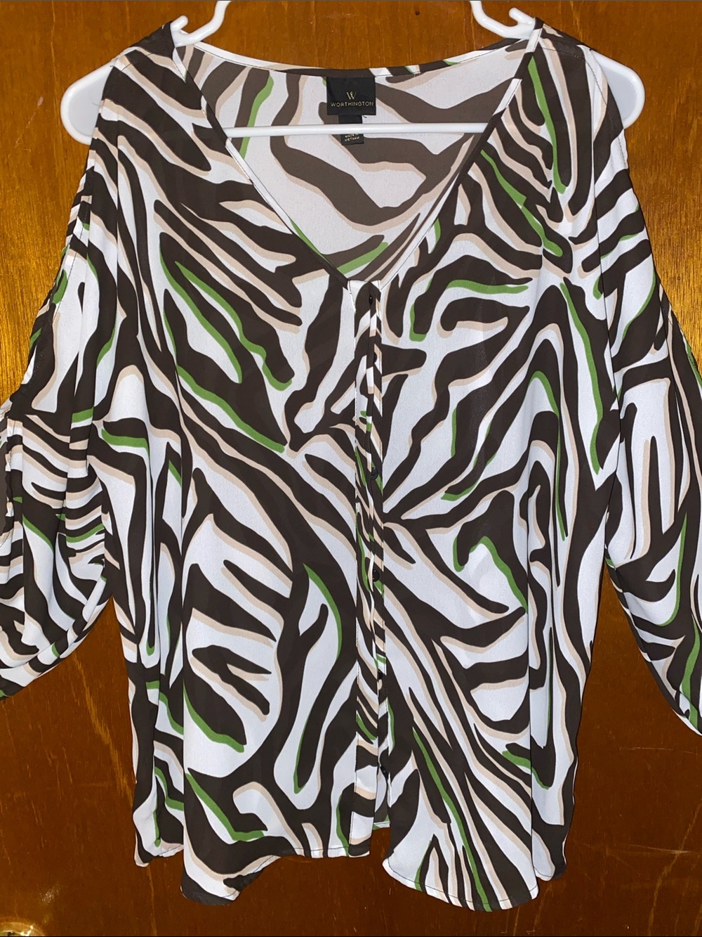 Worthington White, Brown & Green Zebra-Print Cold-Shoulder Blouse